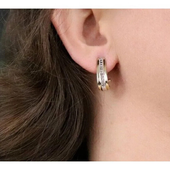 10k Yellow Gold & White Gold Diamond Hoop Earrings Omega Back - Picture 2 of 8